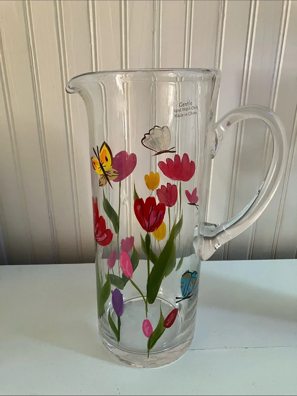 Glass Floral Pitcher with Pink and Yellow Tulip Design